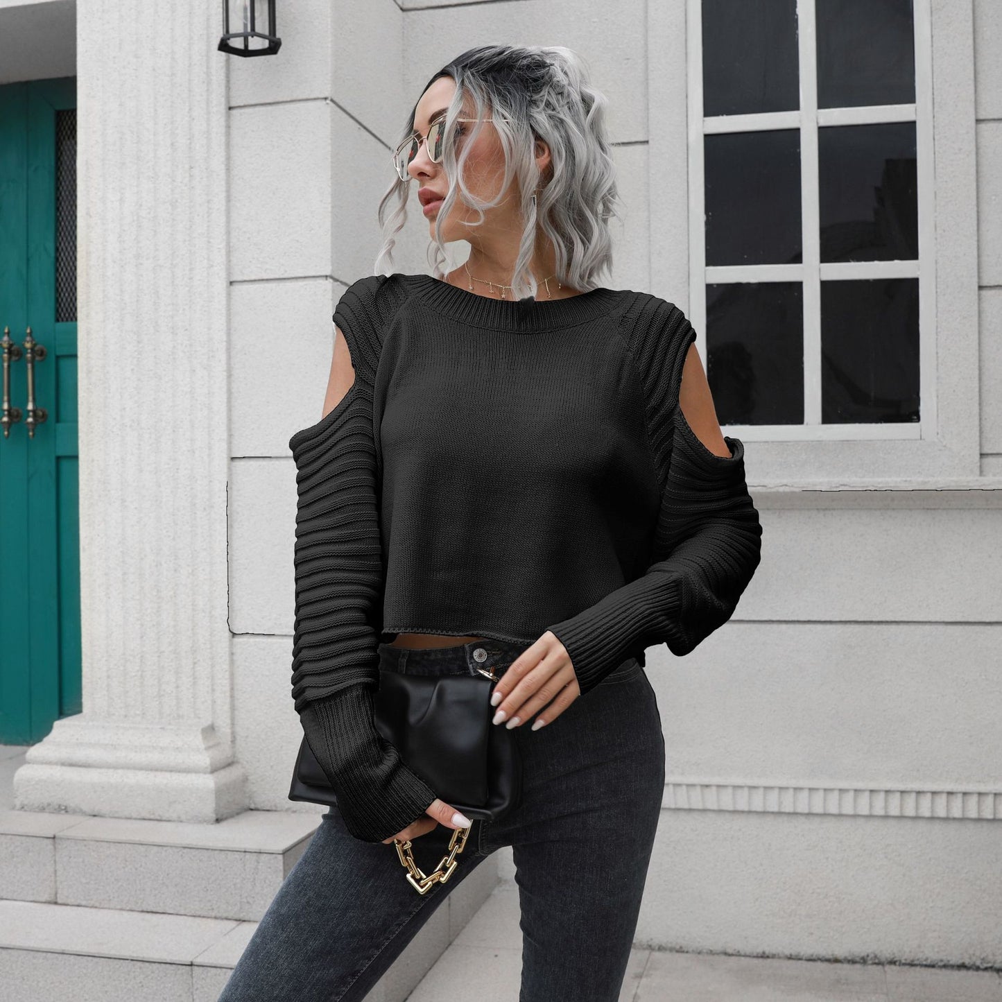 Spring Solid Loose Long Sleeve Off Shoulder Women's Short Sweater