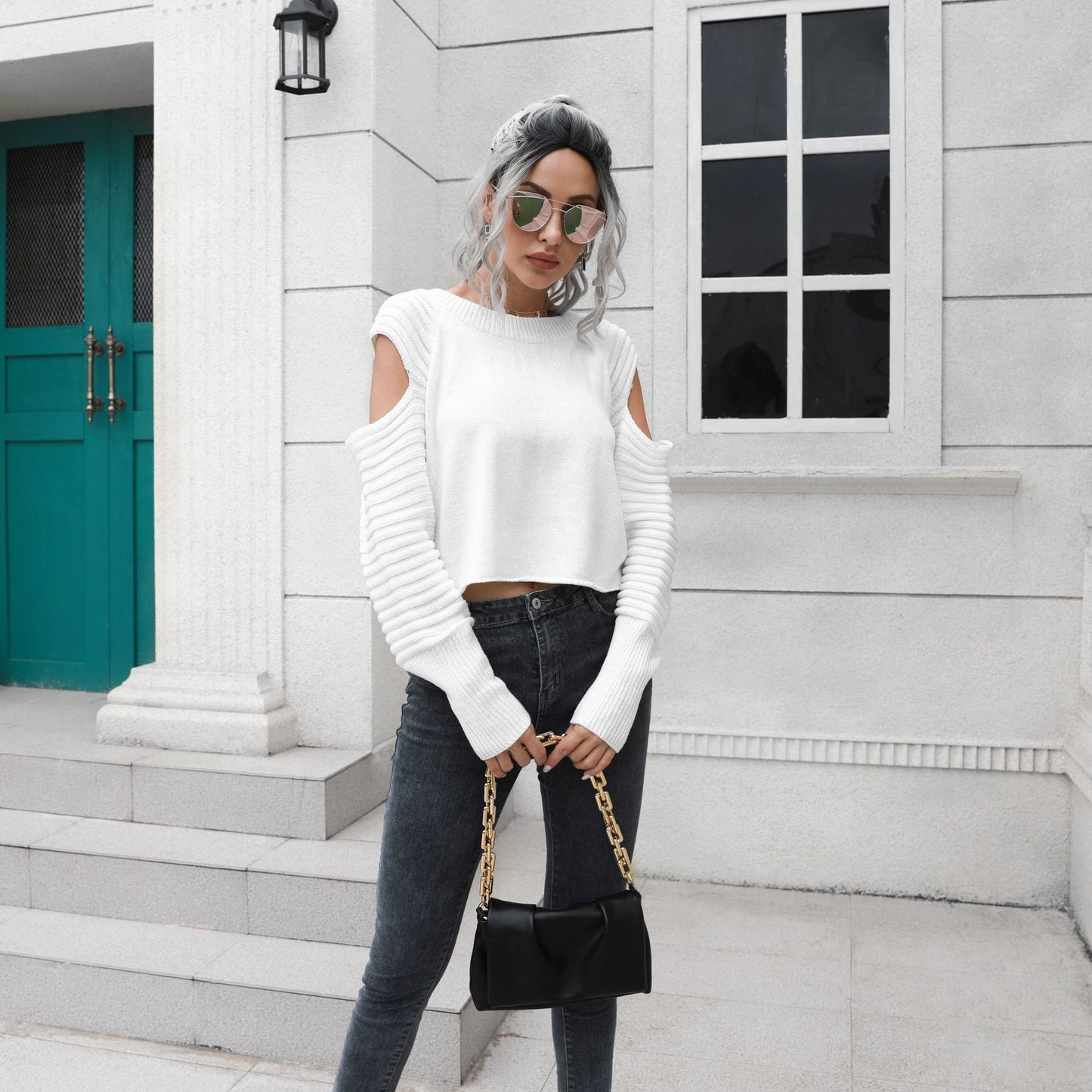 Spring Solid Loose Long Sleeve Off Shoulder Women's Short Sweater