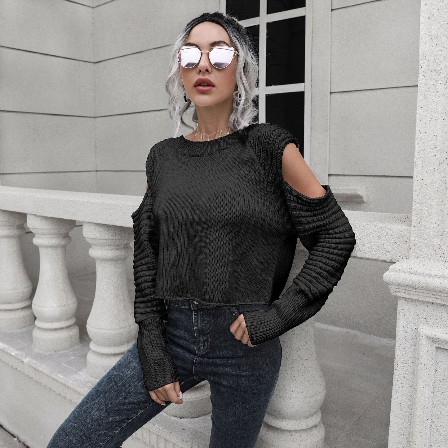 Spring Solid Loose Long Sleeve Off Shoulder Women's Short Sweater