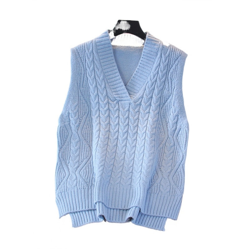 Spring and Autumn New V-Neck Knit Women's Pullover Sweater Loose Vintage Solid Color Sleeveless Vest Top