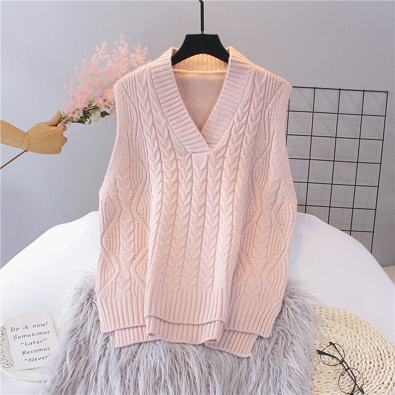 Spring and Autumn New V-Neck Knit Women's Pullover Sweater Loose Vintage Solid Color Sleeveless Vest Top