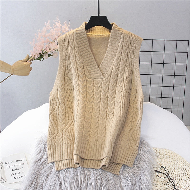 Spring and Autumn New V-Neck Knit Women's Pullover Sweater Loose Vintage Solid Color Sleeveless Vest Top