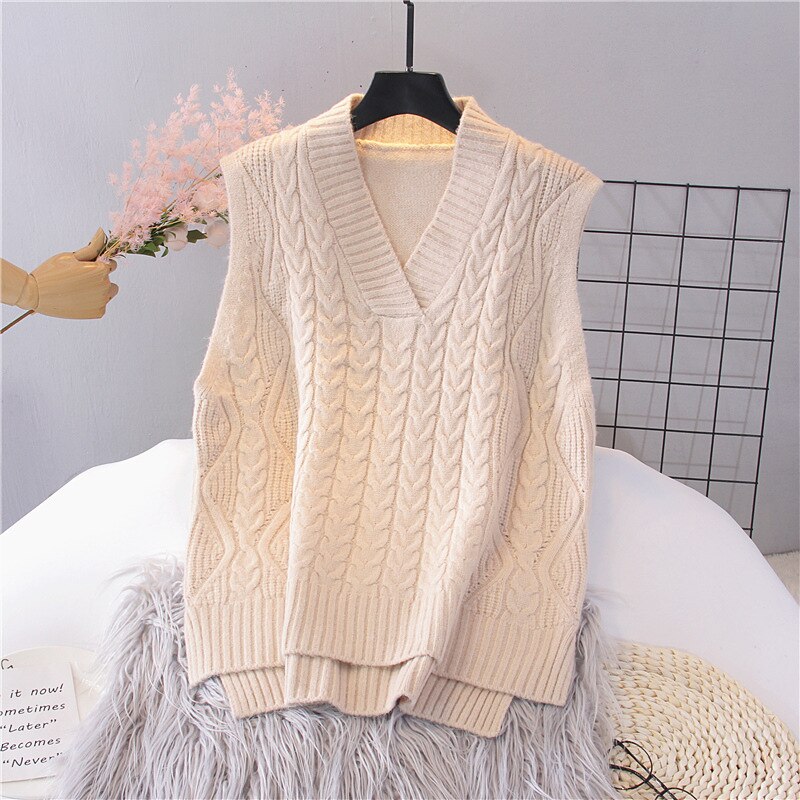 Spring and Autumn New V-Neck Knit Women's Pullover Sweater Loose Vintage Solid Color Sleeveless Vest Top