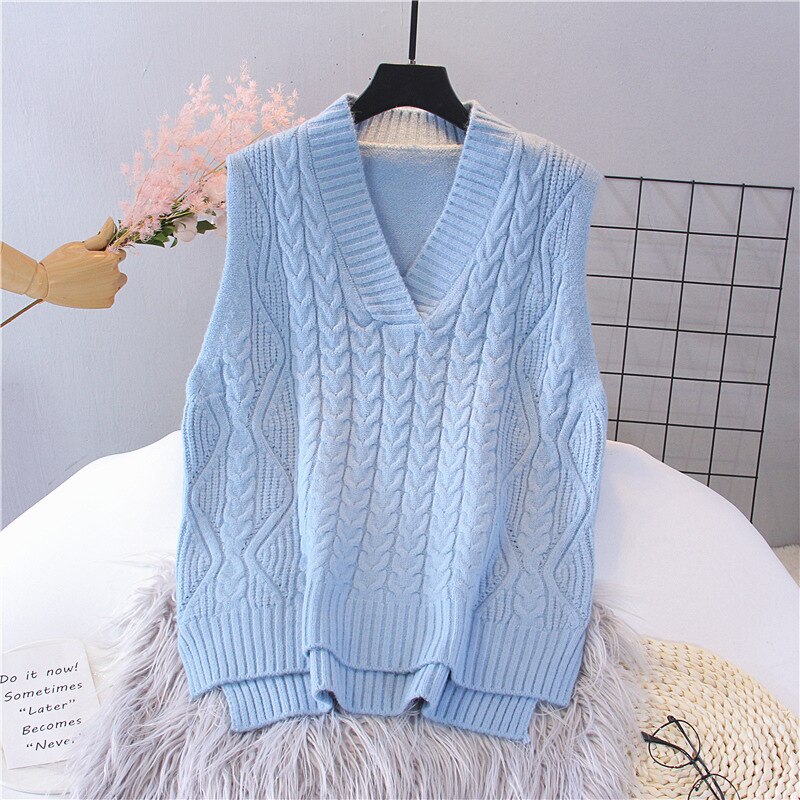Spring and Autumn New V-Neck Knit Women's Pullover Sweater Loose Vintage Solid Color Sleeveless Vest Top