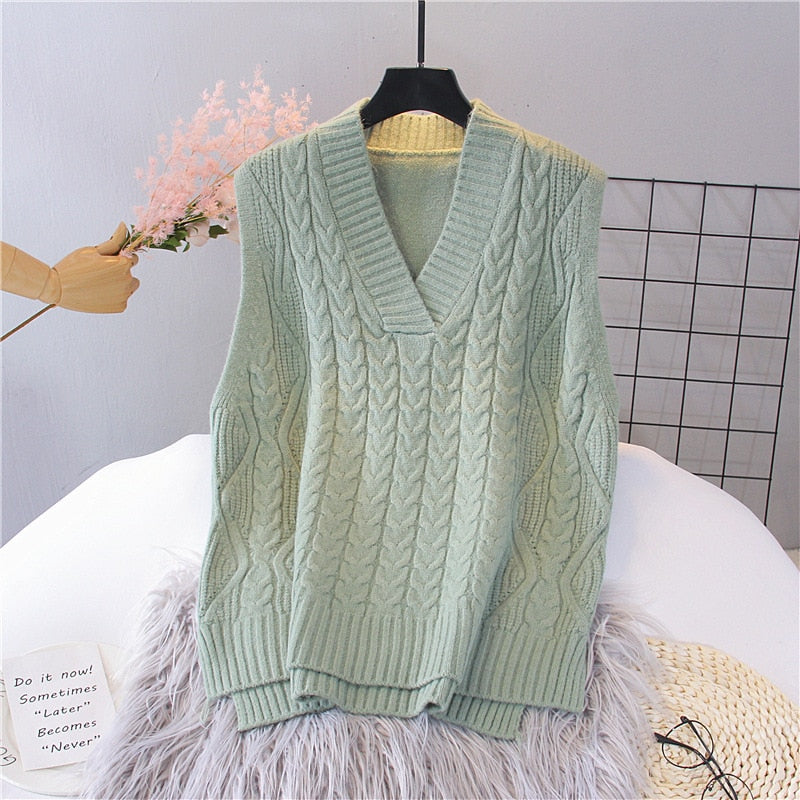 Spring and Autumn New V-Neck Knit Women's Pullover Sweater Loose Vintage Solid Color Sleeveless Vest Top