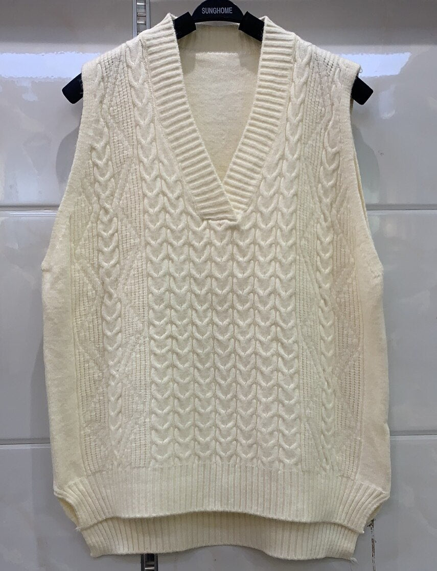 Spring and Autumn New V-Neck Knit Women's Pullover Sweater Loose Vintage Solid Color Sleeveless Vest Top