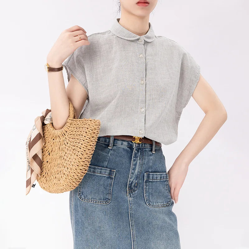 Summer Double-layer Pure Cotton Short-sleeved Versatile Classic Small Women's Shirt