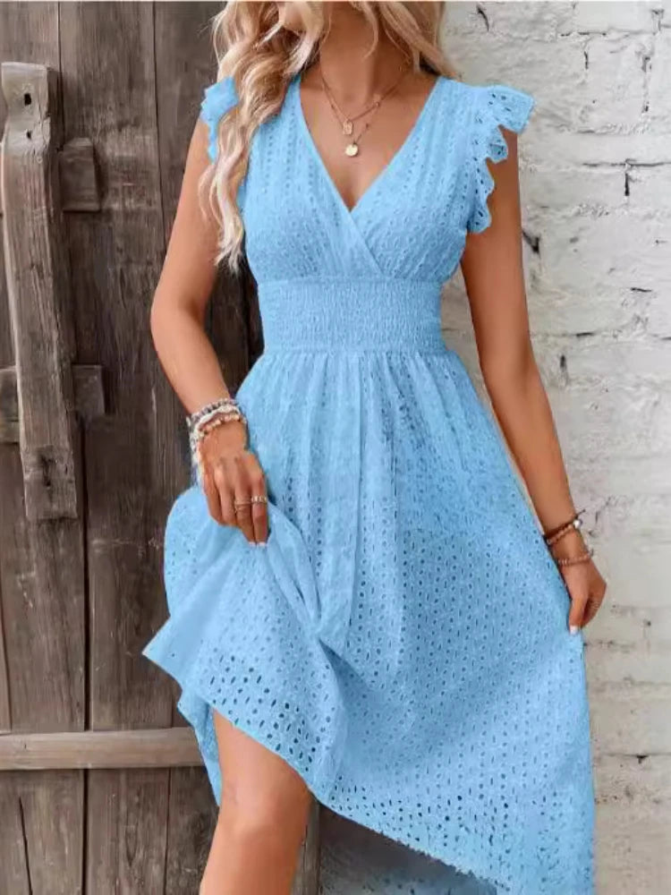 Summer Lotus Leaf Sleeves V-neck Women's Hollow Short Dress