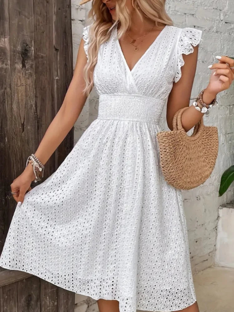 Summer Lotus Leaf Sleeves V-neck Women's Hollow Short Dress