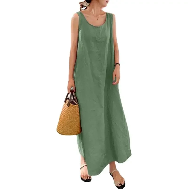 Summer New Long Cotton Simple Loose Round Neck Sleeveless Dress with Pockets