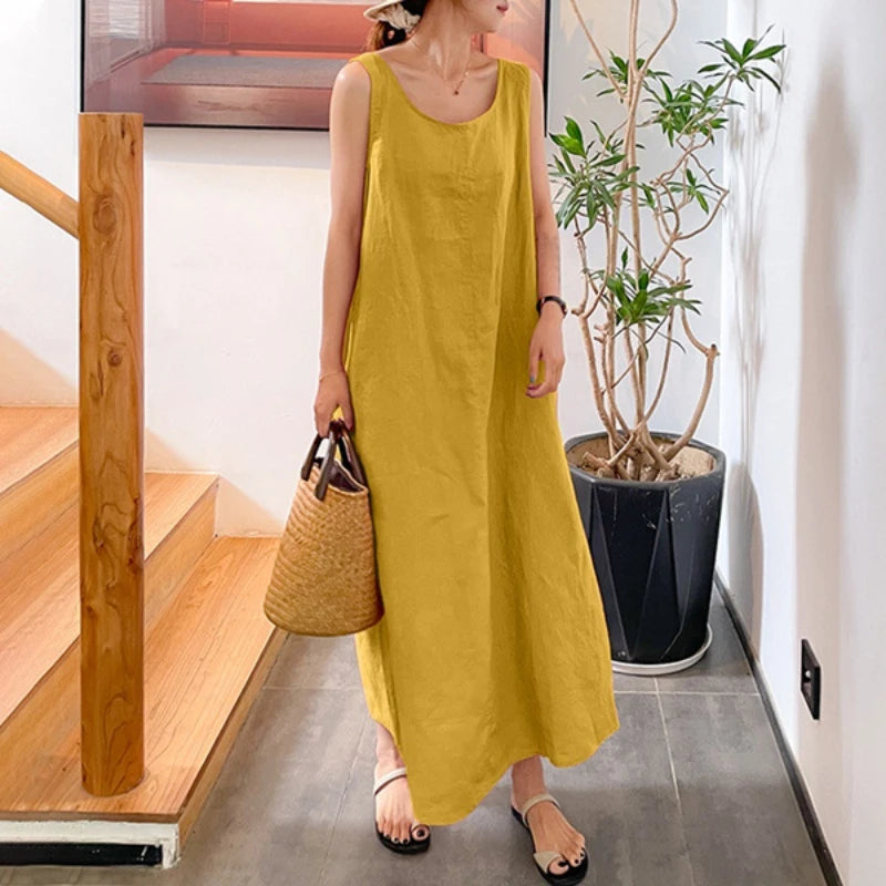 Summer New Long Cotton Simple Loose Round Neck Sleeveless Dress with Pockets