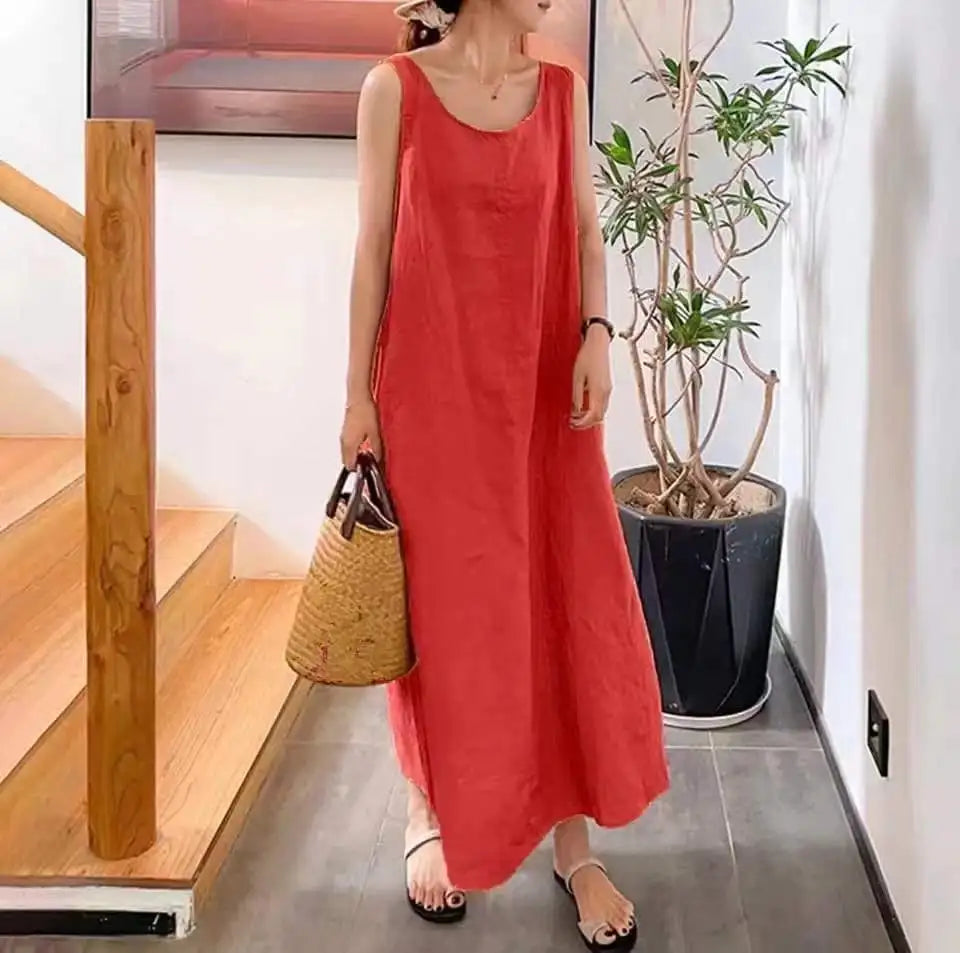 Summer New Long Cotton Simple Loose Round Neck Sleeveless Dress with Pockets