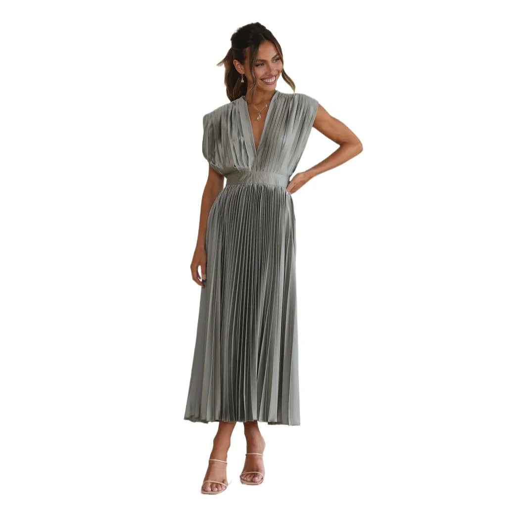 Summer New Sexy Deep V-neck Open Back Pleated Casual Loose Sleeveless Dress
