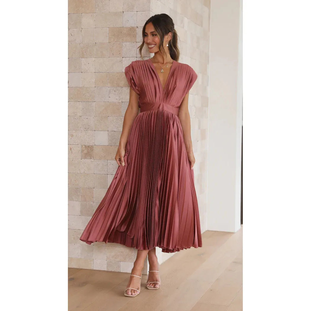 Summer New Sexy Deep V-neck Open Back Pleated Casual Loose Sleeveless Dress