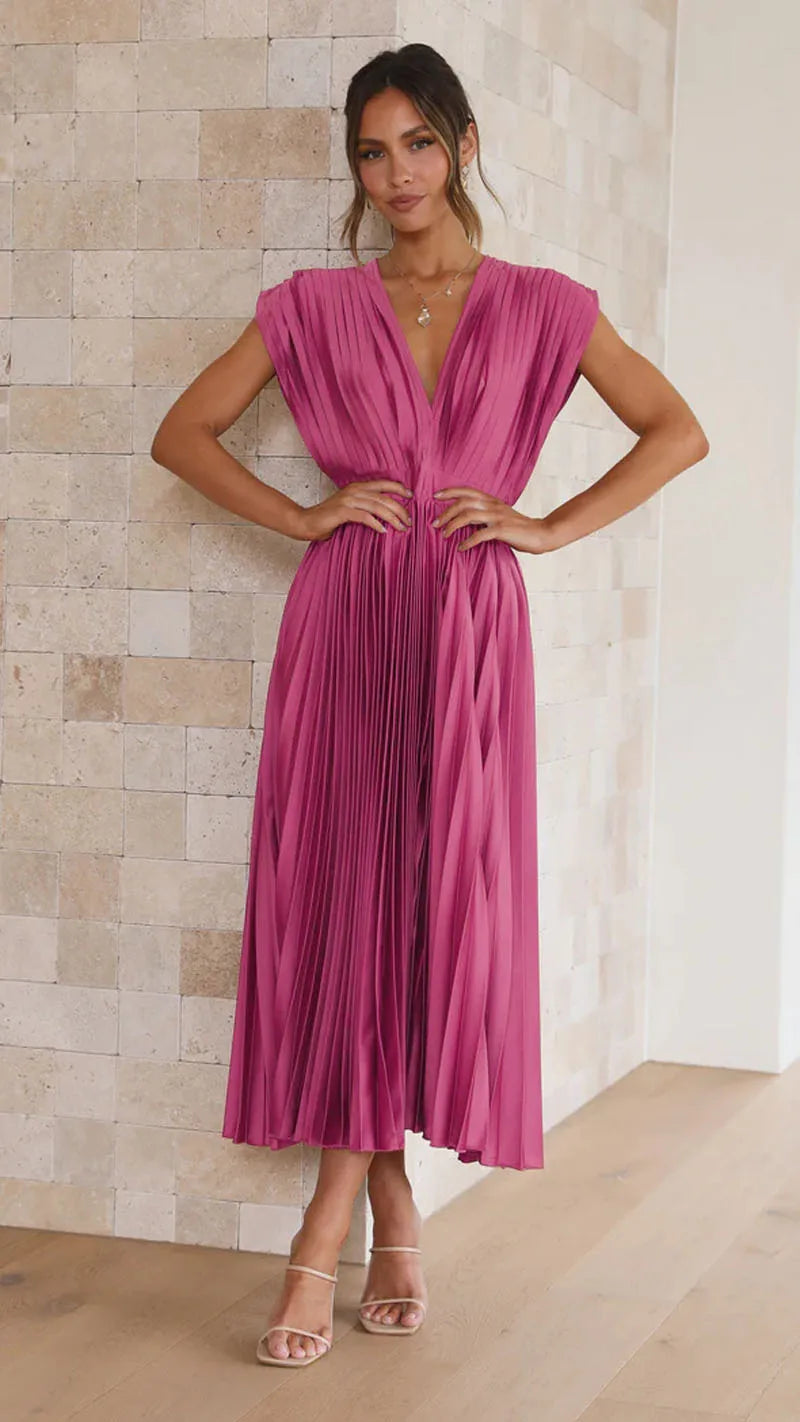Summer New Sexy Deep V-neck Open Back Pleated Casual Loose Sleeveless Dress