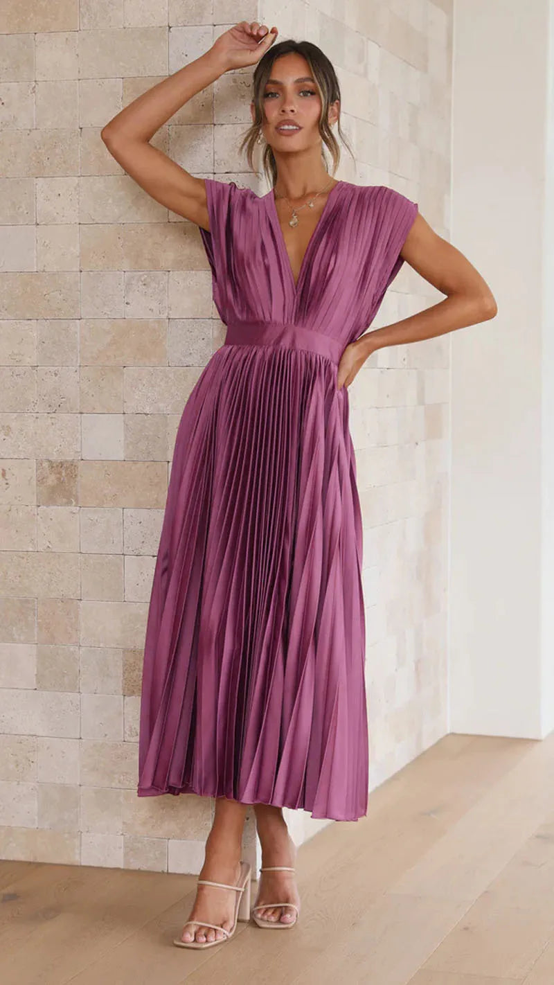 Summer New Sexy Deep V-neck Open Back Pleated Casual Loose Sleeveless Dress