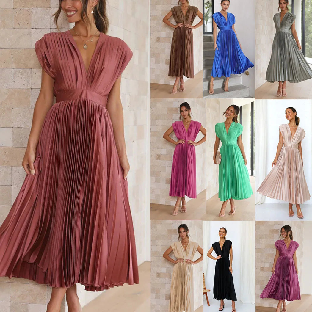 Summer New Sexy Deep V-neck Open Back Pleated Casual Loose Sleeveless Dress