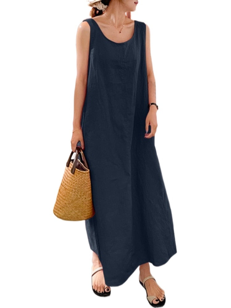 Summer New Sling Cotton Linen Simple Loose Pocket Round Neck Casual Dress