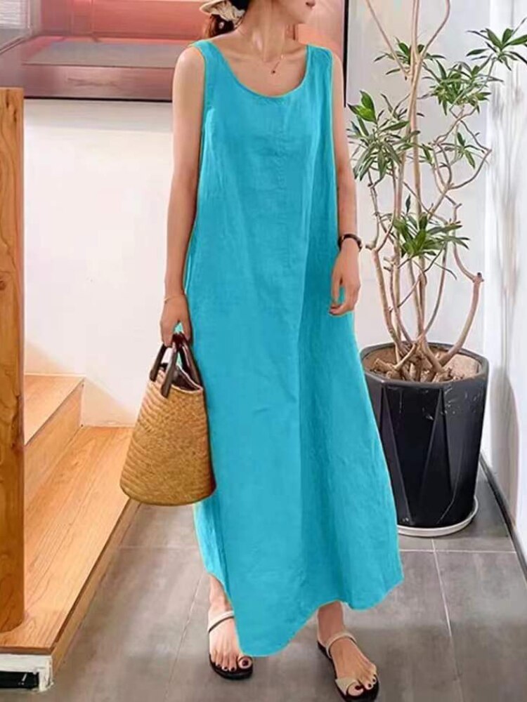 Summer New Sling Cotton Linen Simple Loose Pocket Round Neck Casual Dress