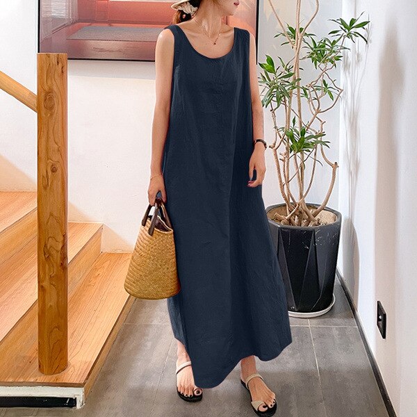 Summer New Sling Cotton Linen Simple Loose Pocket Round Neck Casual Dress