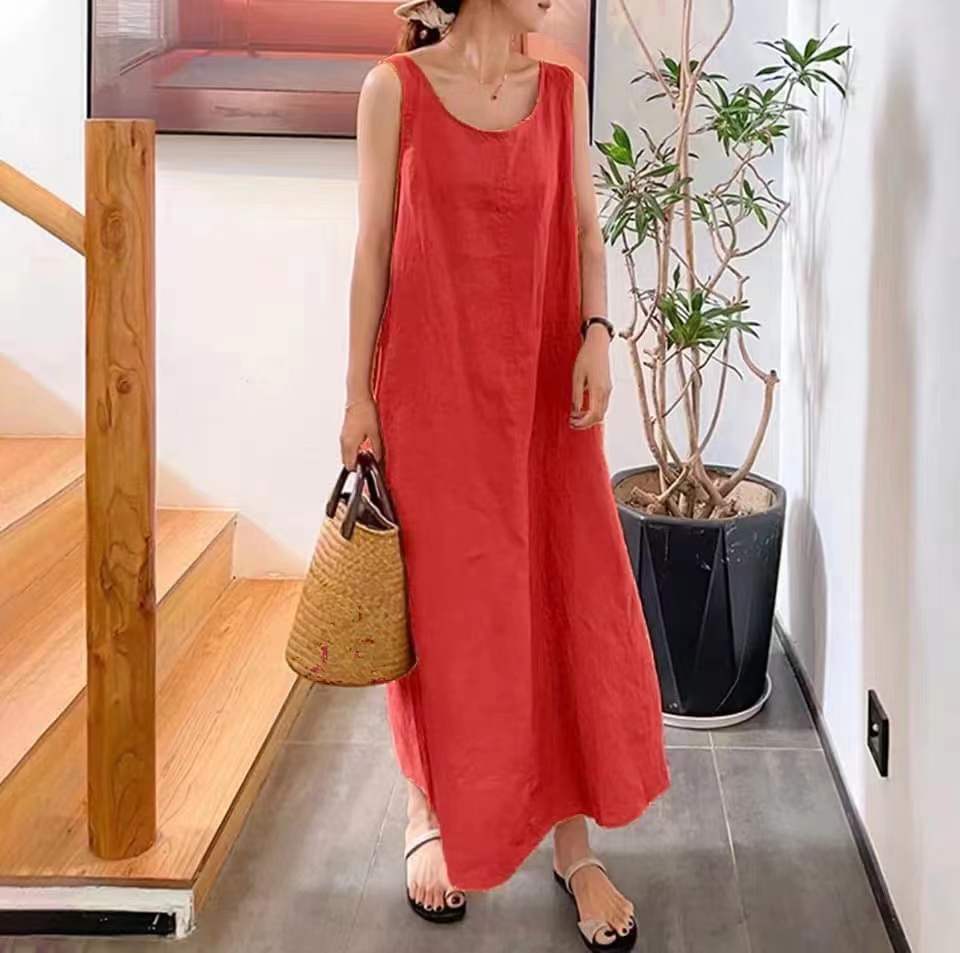 Summer New Sling Cotton Linen Simple Loose Pocket Round Neck Casual Dress