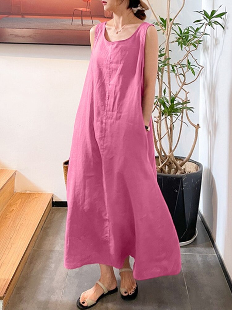 Summer New Sling Cotton Linen Simple Loose Pocket Round Neck Casual Dress