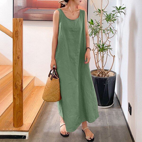 Summer New Sling Cotton Linen Simple Loose Pocket Round Neck Casual Dress