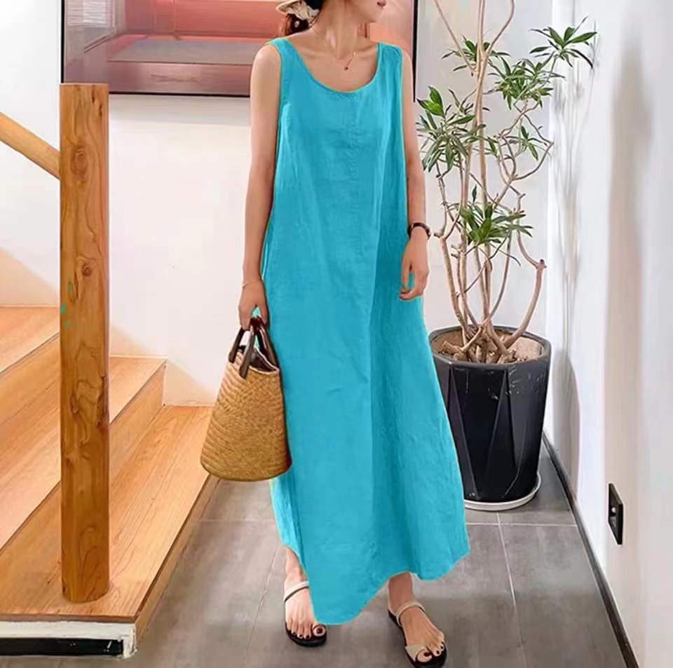 Summer New Sling Cotton Linen Simple Loose Pocket Round Neck Casual Dress