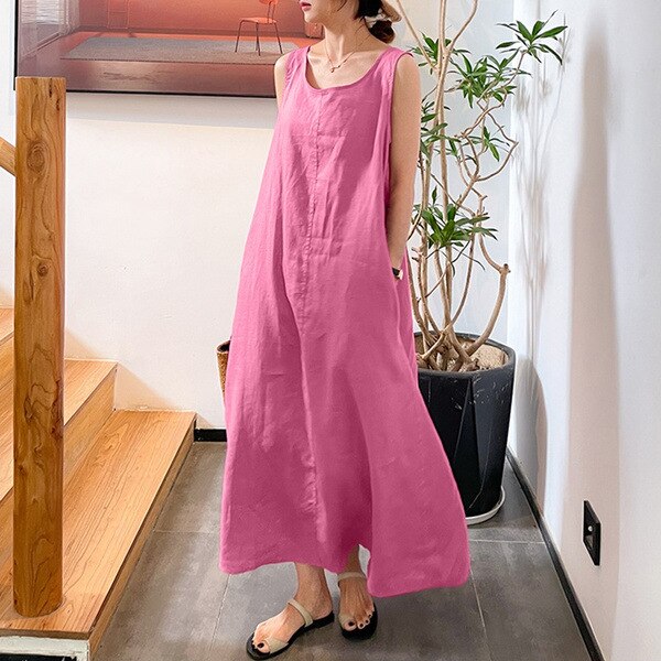 Summer New Sling Cotton Linen Simple Loose Pocket Round Neck Casual Dress
