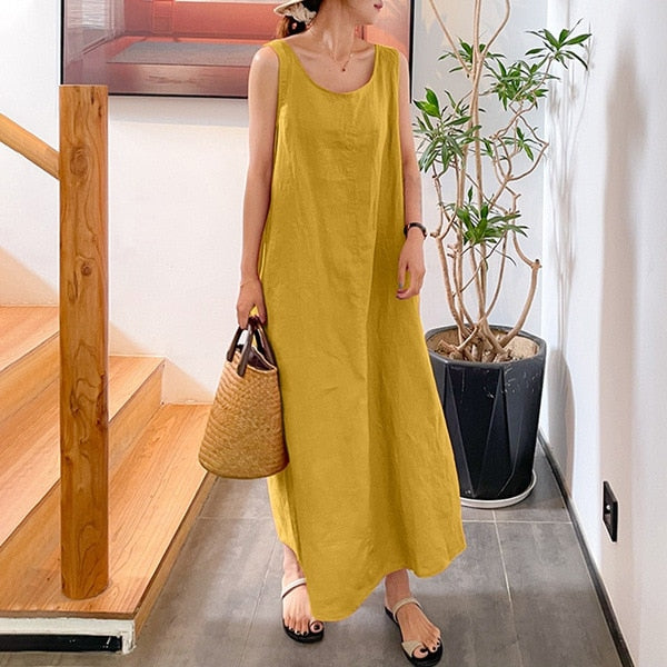 Summer New Sling Cotton Linen Simple Loose Pocket Round Neck Casual Dress
