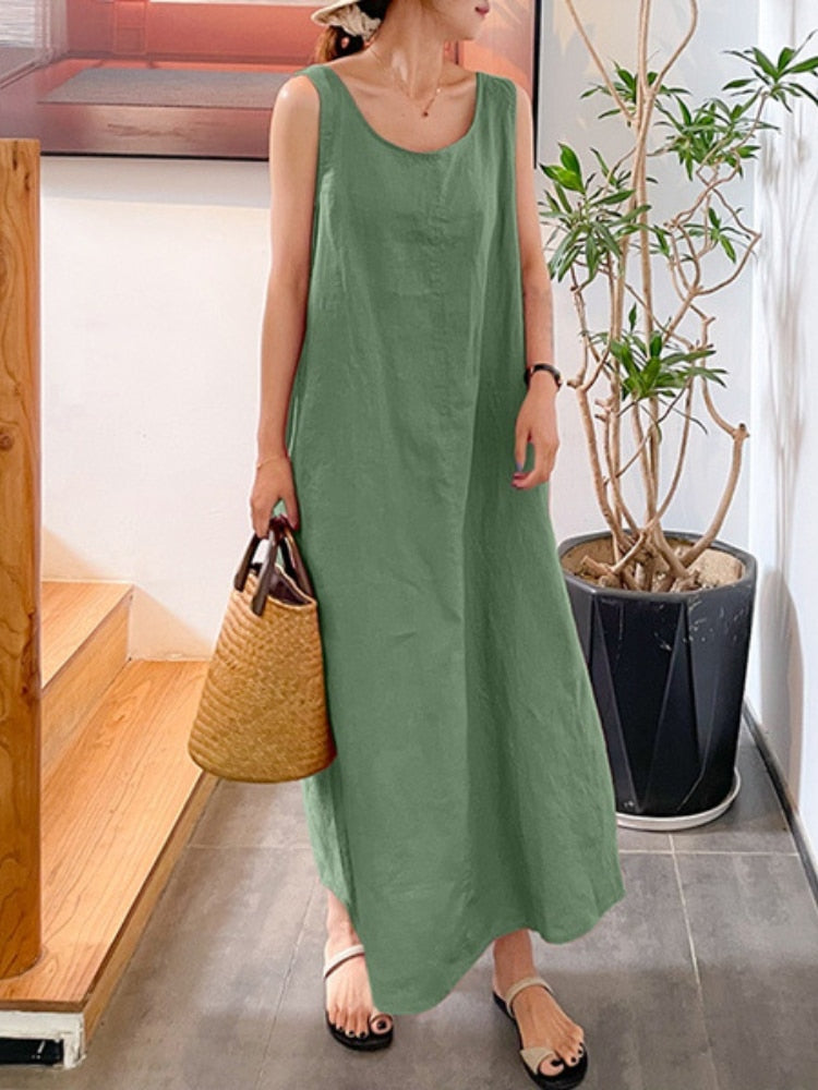 Summer New Sling Cotton Linen Simple Loose Pocket Round Neck Casual Dress