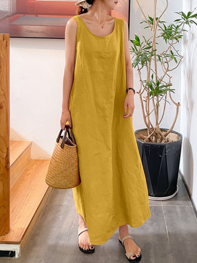 Summer New Sling Cotton Linen Simple Loose Pocket Round Neck Casual Dress
