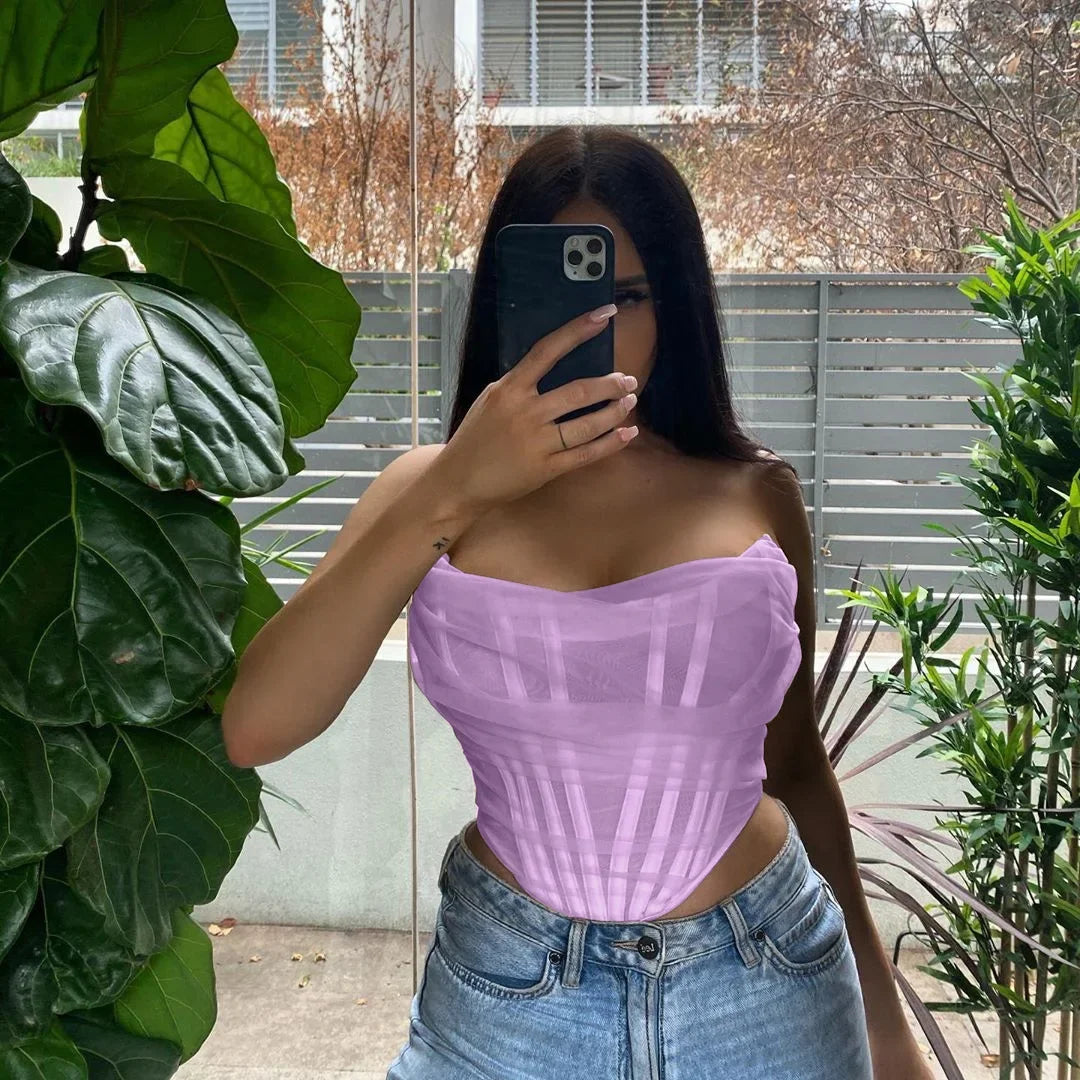 Summer Spicy Girls Fashion Fishbone Mesh Bra Vest Women's Short Top
