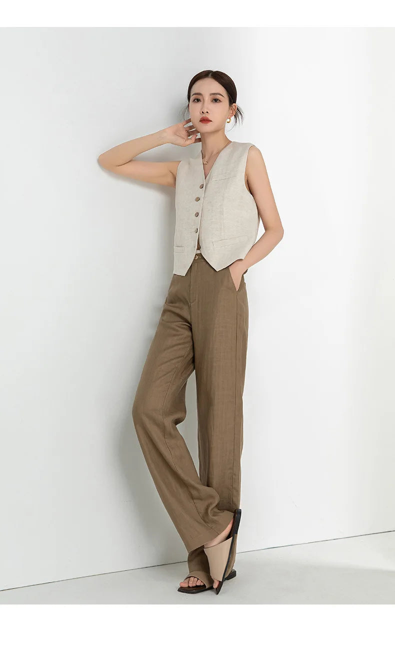 Tencel Linen Cool Straight Wide Leg Color Block High Waist Women's 2024 Summer Thin Loose Casual Pants