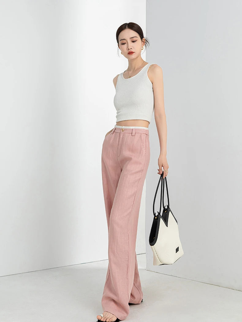 Tencel Linen Cool Straight Wide Leg Color Block High Waist Women's 2024 Summer Thin Loose Casual Pants