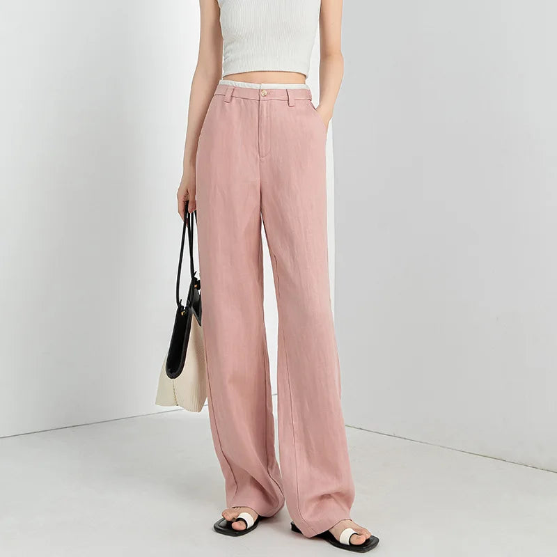 Tencel Linen Cool Straight Wide Leg Color Block High Waist Women's 2024 Summer Thin Loose Casual Pants