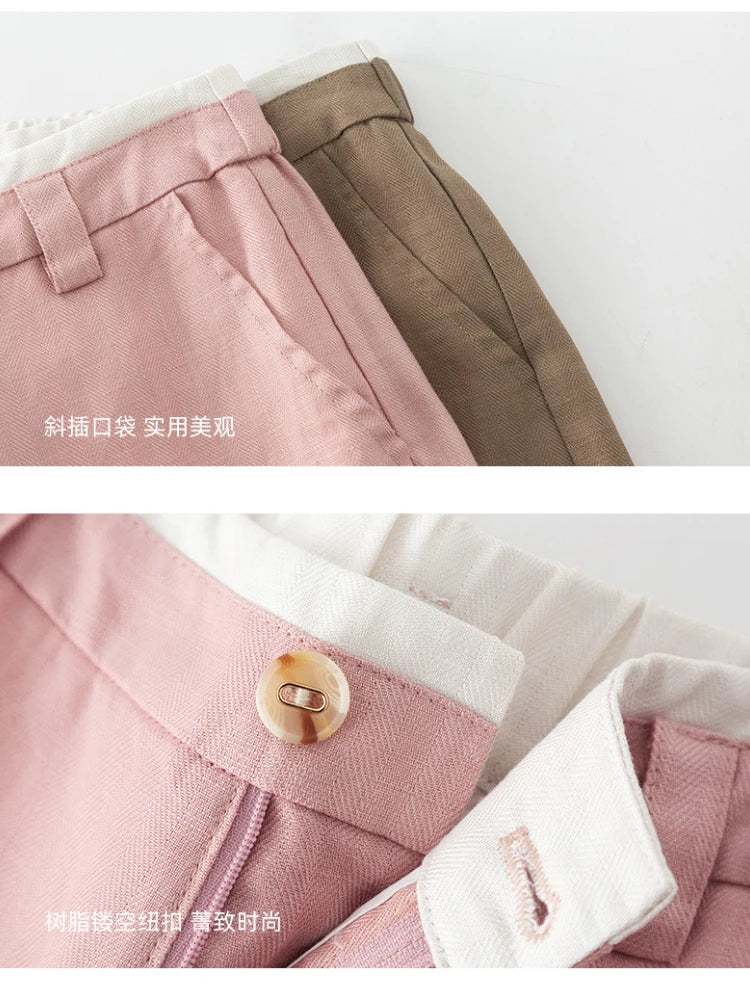 Tencel Linen Cool Straight Wide Leg Color Block High Waist Women's 2024 Summer Thin Loose Casual Pants