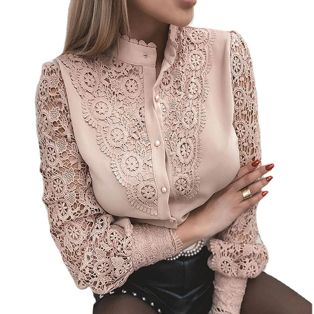 Vintage Solid Color Lace Hollow Out Long Sleeves Shirt