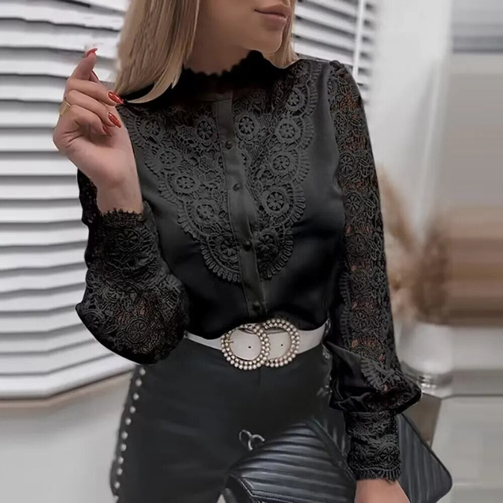 Vintage Solid Color Lace Hollow Out Long Sleeves Shirt
