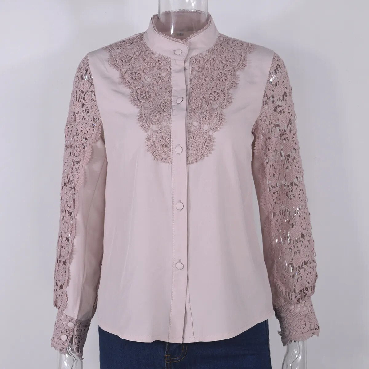 Vintage Solid Color Lace Hollow Out Long Sleeves Shirt