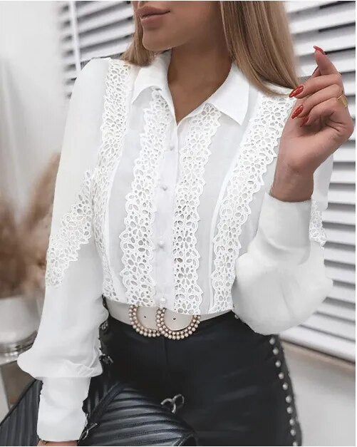 Vintage Solid Color Lace Hollow Out Long Sleeves Shirt