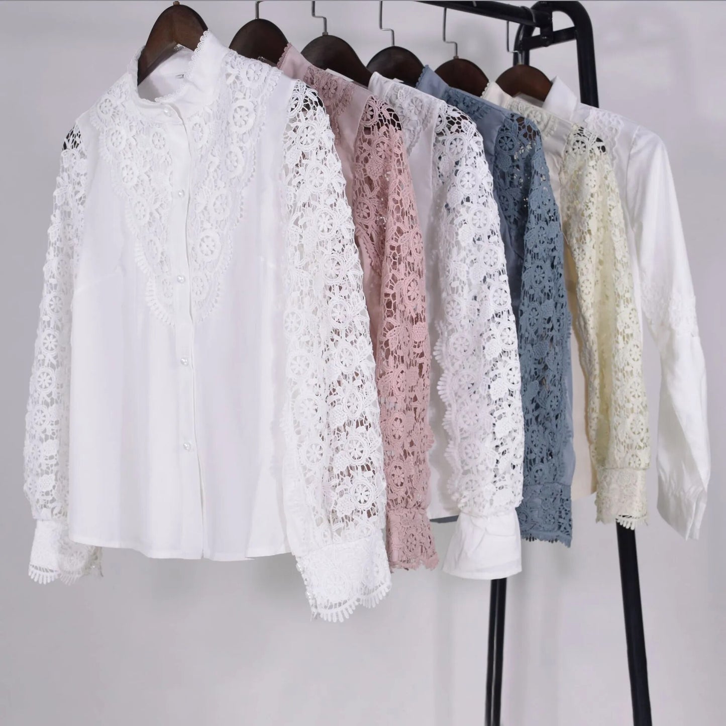 Vintage Solid Color Lace Hollow Out Long Sleeves Shirt
