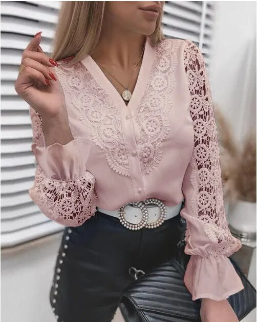 Vintage Solid Color Lace Hollow Out Long Sleeves Shirt