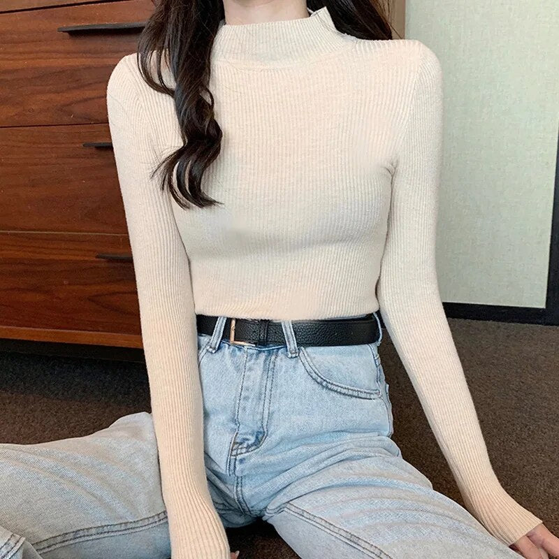 Women's 2023 Autumn/Winter Long Sleeved Underlay Slim Half High Collar Pullover Knitwear