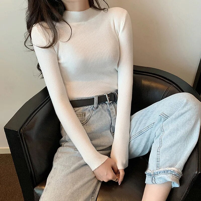 Women's 2023 Autumn/Winter Long Sleeved Underlay Slim Half High Collar Pullover Knitwear