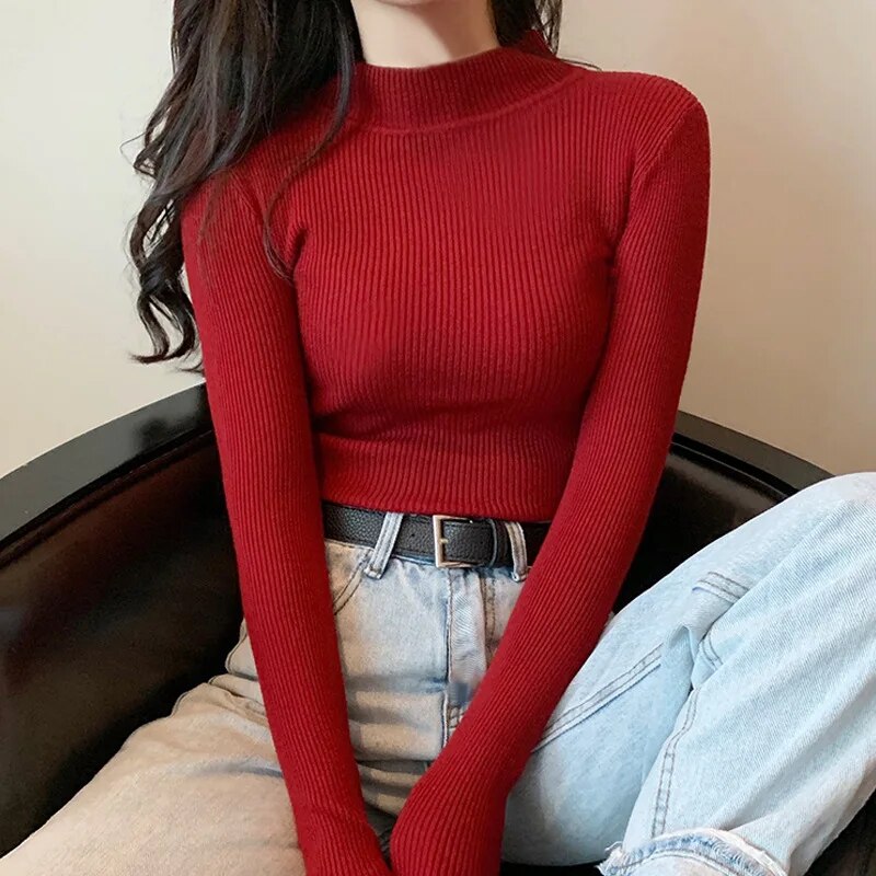 Women's 2023 Autumn/Winter Long Sleeved Underlay Slim Half High Collar Pullover Knitwear