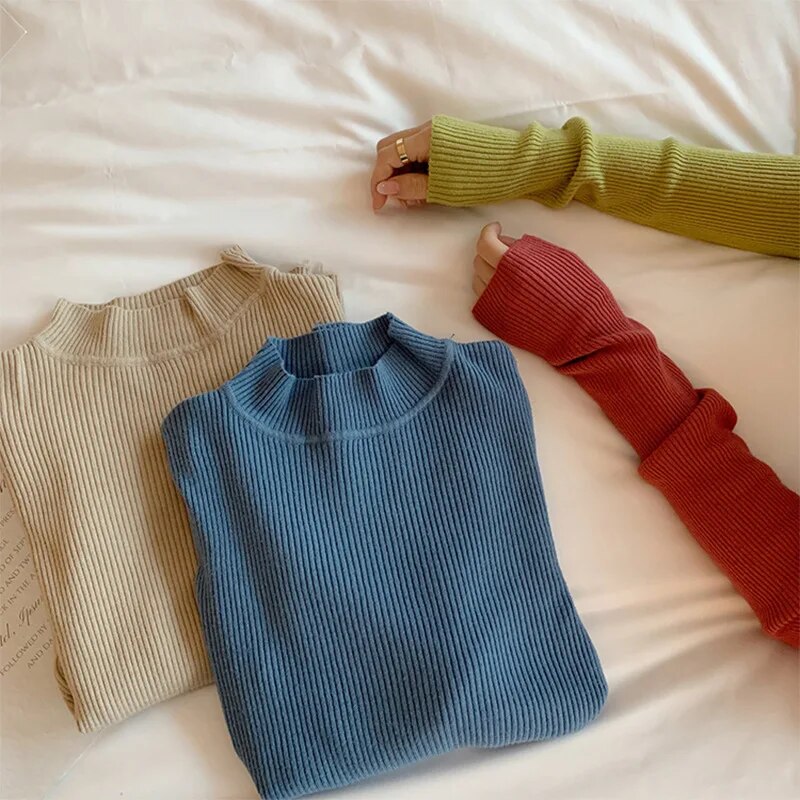 Women's 2023 Autumn/Winter Long Sleeved Underlay Slim Half High Collar Pullover Knitwear