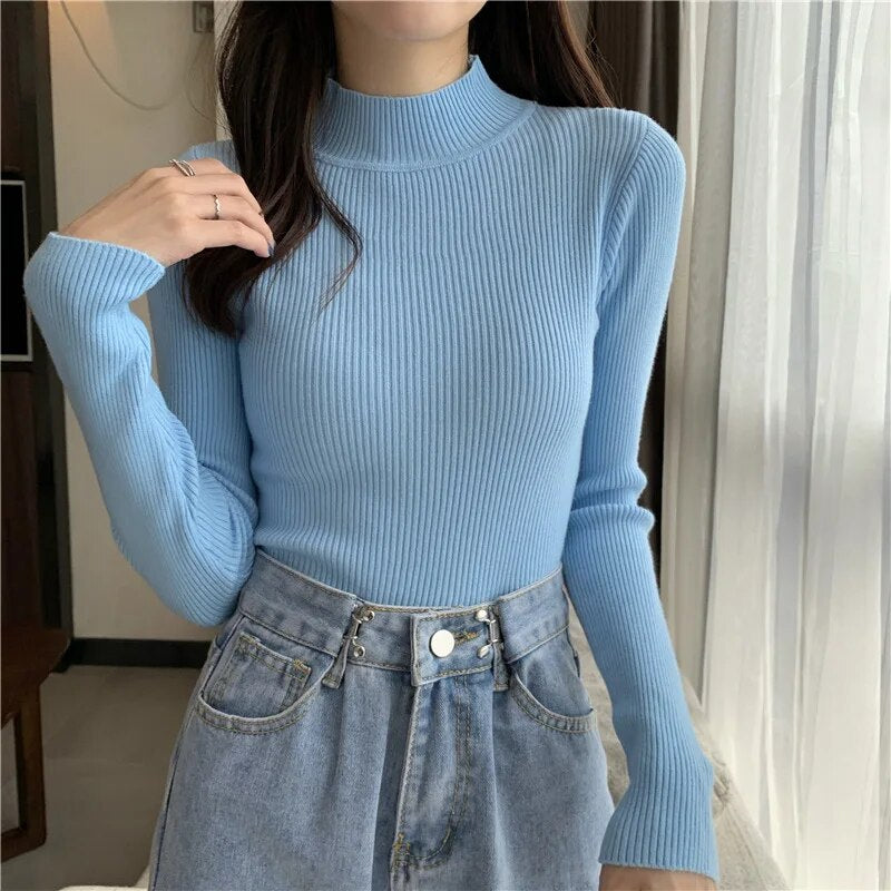 Women's 2023 Autumn/Winter Long Sleeved Underlay Slim Half High Collar Pullover Knitwear