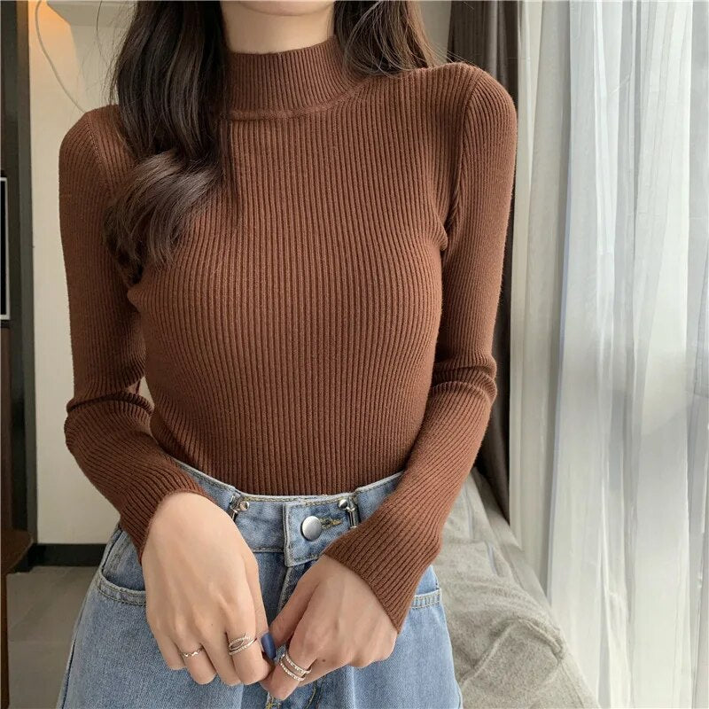 Women's 2023 Autumn/Winter Long Sleeved Underlay Slim Half High Collar Pullover Knitwear
