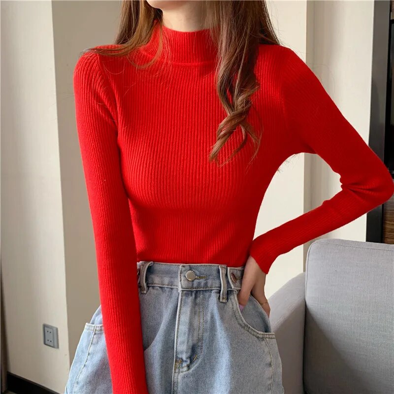 Women's 2023 Autumn/Winter Long Sleeved Underlay Slim Half High Collar Pullover Knitwear